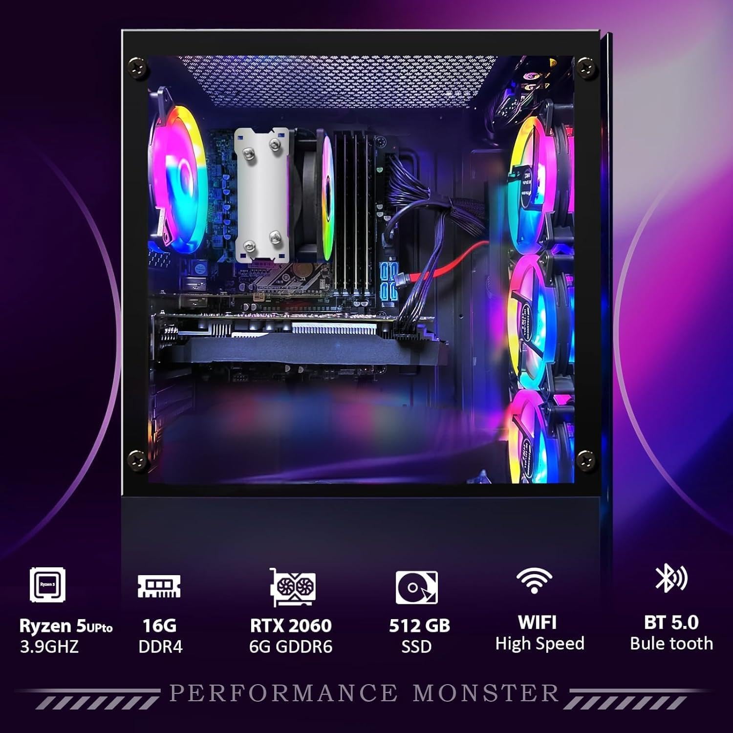 STGAubron Gaming PC Desktop Computer  AMD Ryzen 5 2600 up to 3.9G  GeForce RTX 2060 6G  16G DDR4  512G SSD  600M WiFi  BT 5.0  RGB Fan x4  Windows 11 Home