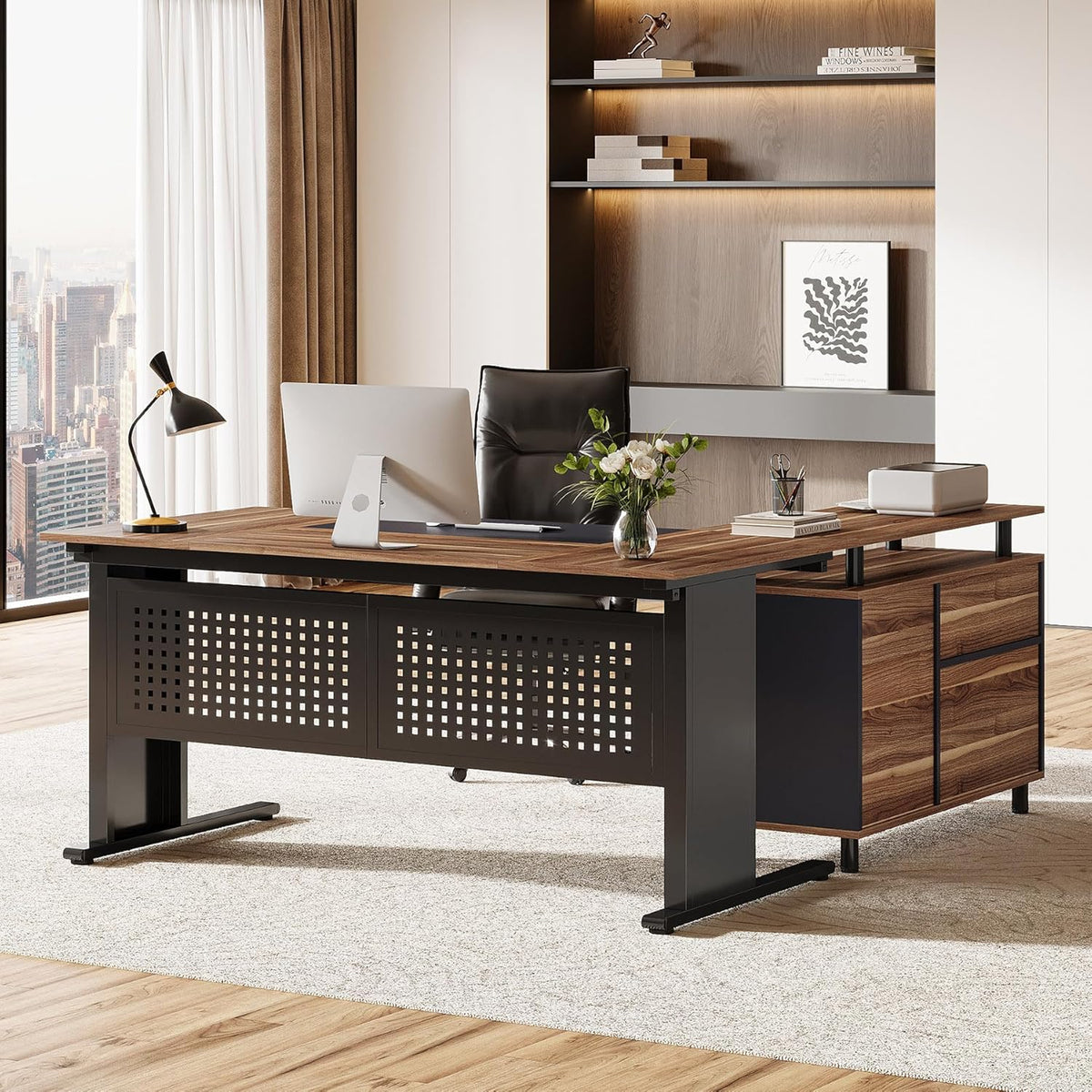 Tribesigns 63-Inch L-Shaped Executive Desk with Storage Shelves, Large Office Computer Desk with Drawers and File Cabinet, Industrial Business Workstation for Home Office, Brown and Black