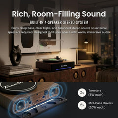 Hi-Fi Record Player with Speakers | Premium Vinyl Turntable with Bluetooth Capability | Built-in 4-Speaker Stereo System for Music Fans  Walnut Veneer+ Silver Trim