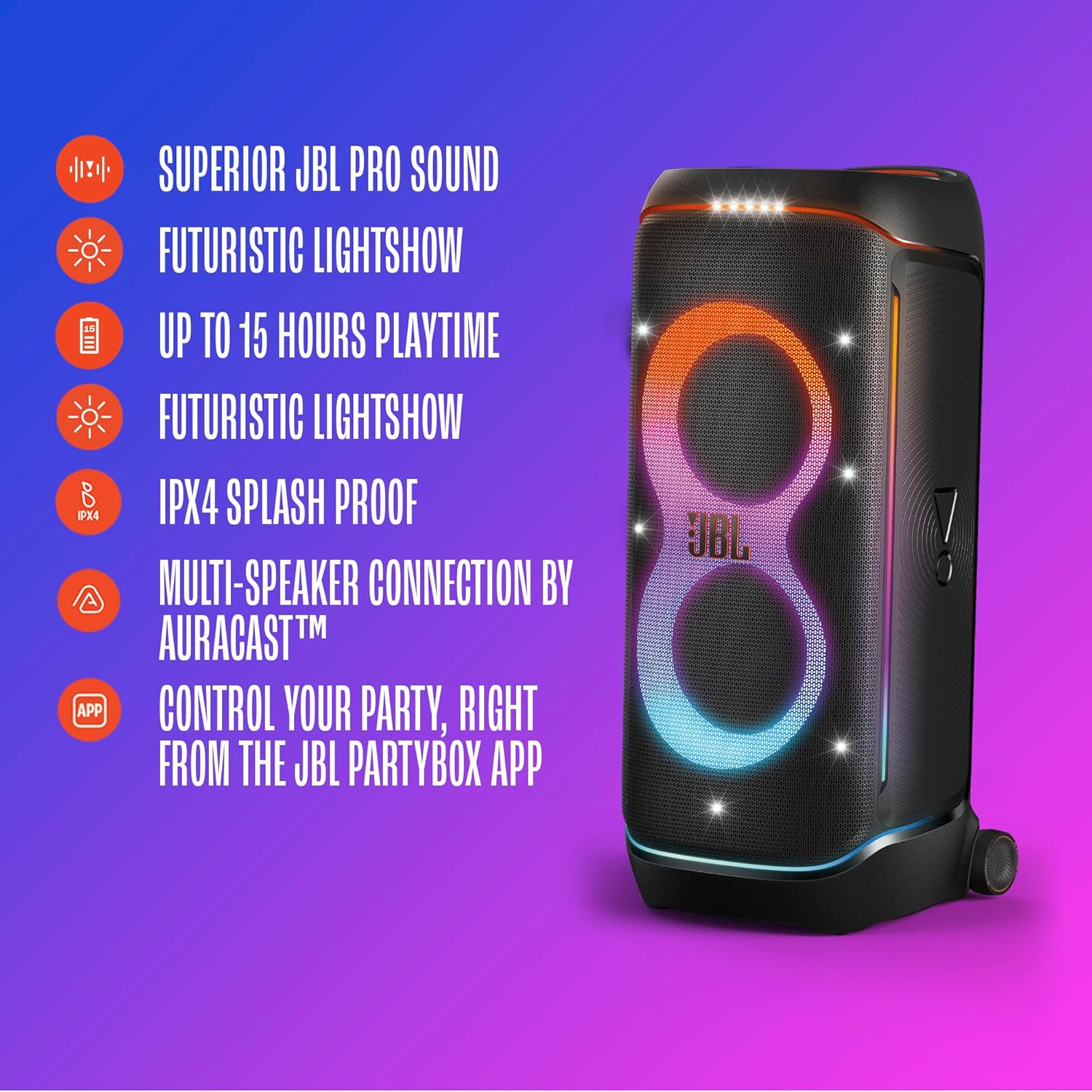 JBL PartyBox 720 - Loudest Battery-Powered Party Speaker with Superior Pro Sound and a Futuristic lightshow  Up to 15 Hours Playtime & IPX4 Splash Proof (Black)