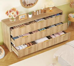 TEENFON Fluted Dresser for Bedroom with 9 Drawers, 63" Wide Modern Chest of Drawers with Metal Handle & Curved Profile Design, Wood Closet Clothes Storage Organizer for Living Room, Hallway, Natural