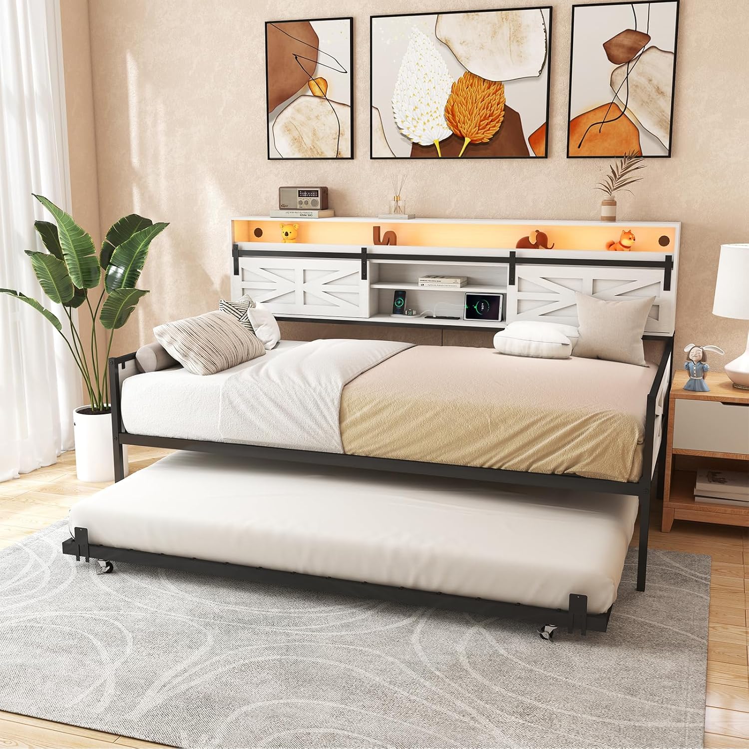 Twin Daybed with Trundle Bed, Rustic Farmhouse Daybed Frame with Sliding Barn Door Headboard LED Lights and Charging Station, Heavy Duty Metal Daybed for Guest Room Living Room Bedroom White
