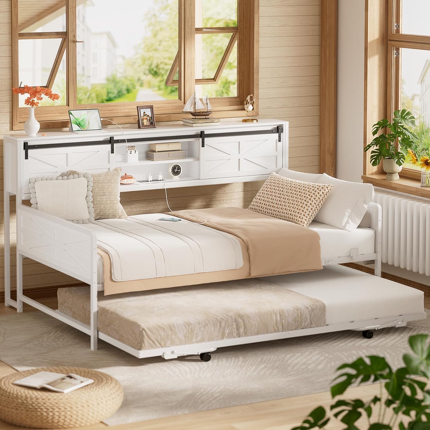 Homieasy Twin Daybed with Pop Up Trundle, Farmhouse Twin Bed with Bookcase Headboard and Charging Station, Metal Sofa Bed Frame with Barn Door Storage for Living Room, Bedroom, Guest Room, White