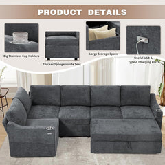 84" Chenille Modular Sofa Bed w/Adjustable Backrests, L-Shape Sleeper Sofa w/USB Ports & Storage Space, Convertible Corner Sectional Couch w/Pull Out Bed for House, Living Room, Grey
