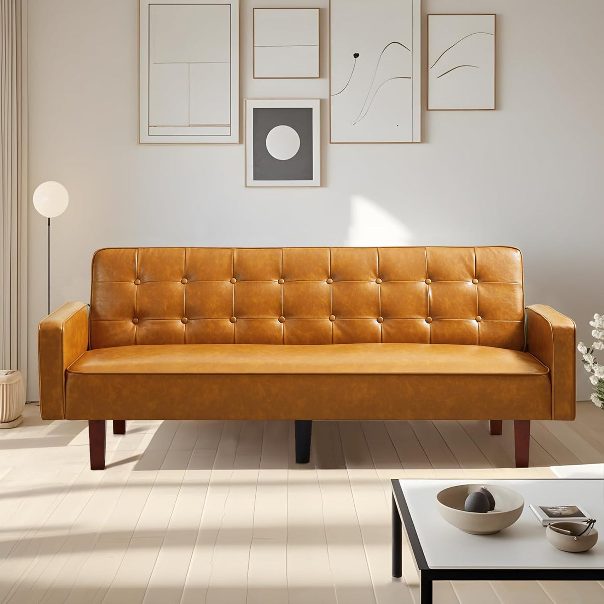 74" Futon Sofa Bed, Mid Century Modern Futon Couch, Small Sofa Cama, Loveseat, Small Couches for Living Room, Office(Faux Leather, Brown)