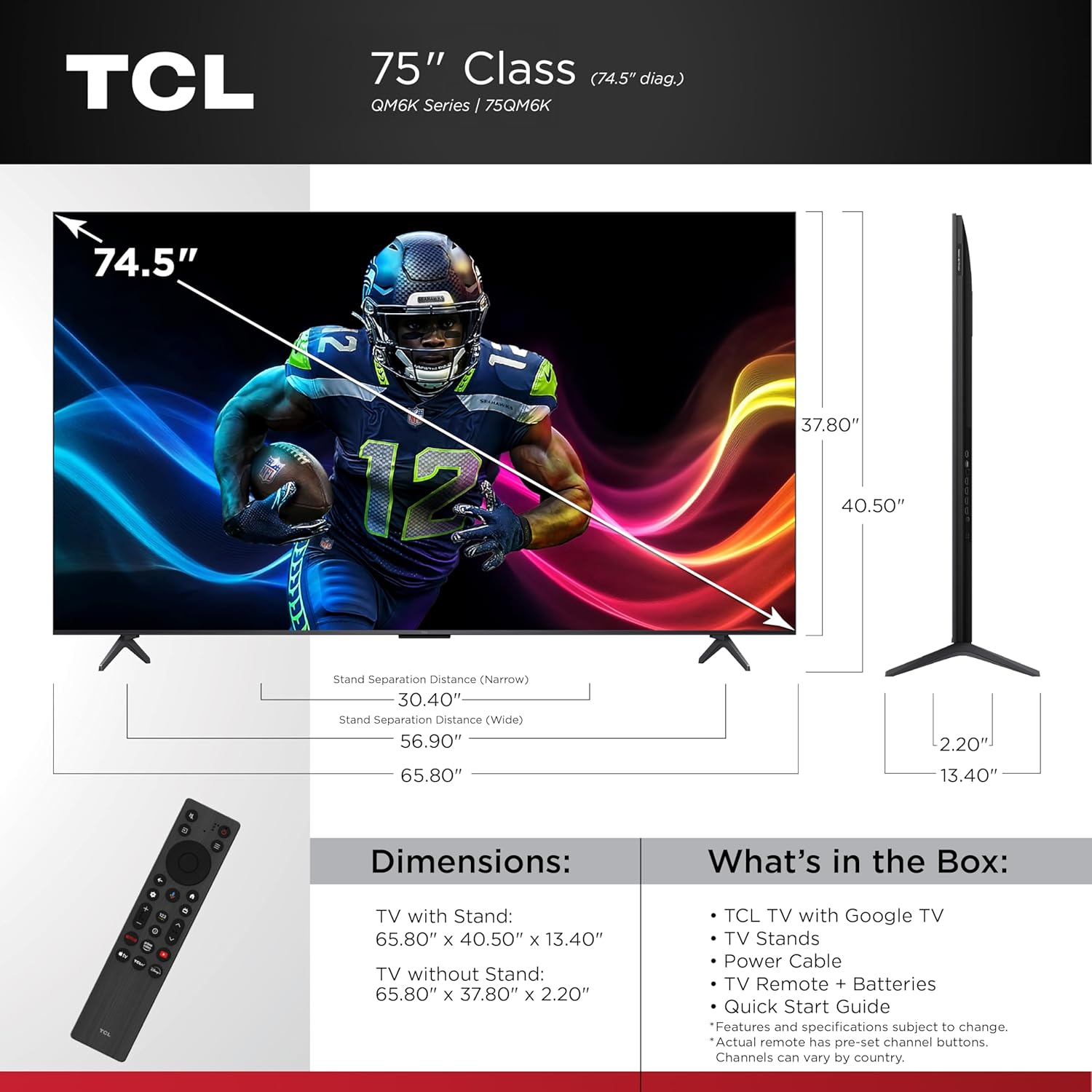 TCL 75 Inch Class QM6K Series | Mini LED QLED 4K HDR | 75QM6K  2025 Model | 120HZ-144HZ High Brightness Smart Google TV Dolby Atmos Onkyo Audio | Voice Remote Alexa Gaming Streaming Television