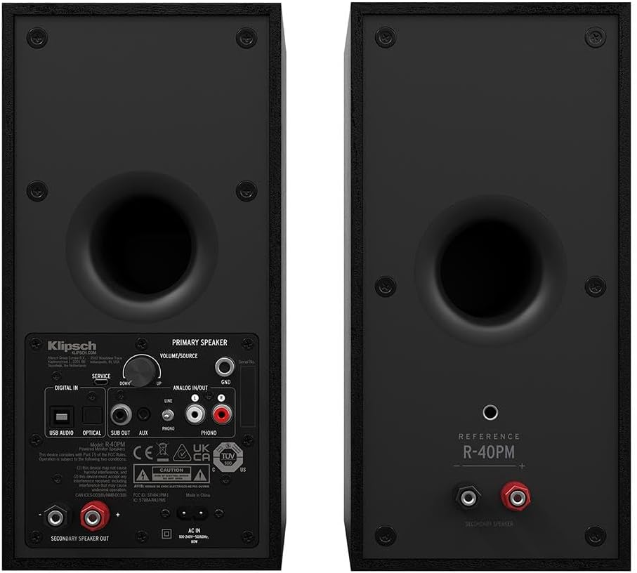 Klipsch Reference R-40PM Powered Bookshelf Speakers - 90-Degree x 90-Degree Tractrix Horn - Linear Travel Suspension - Sleek  Modern Appearance