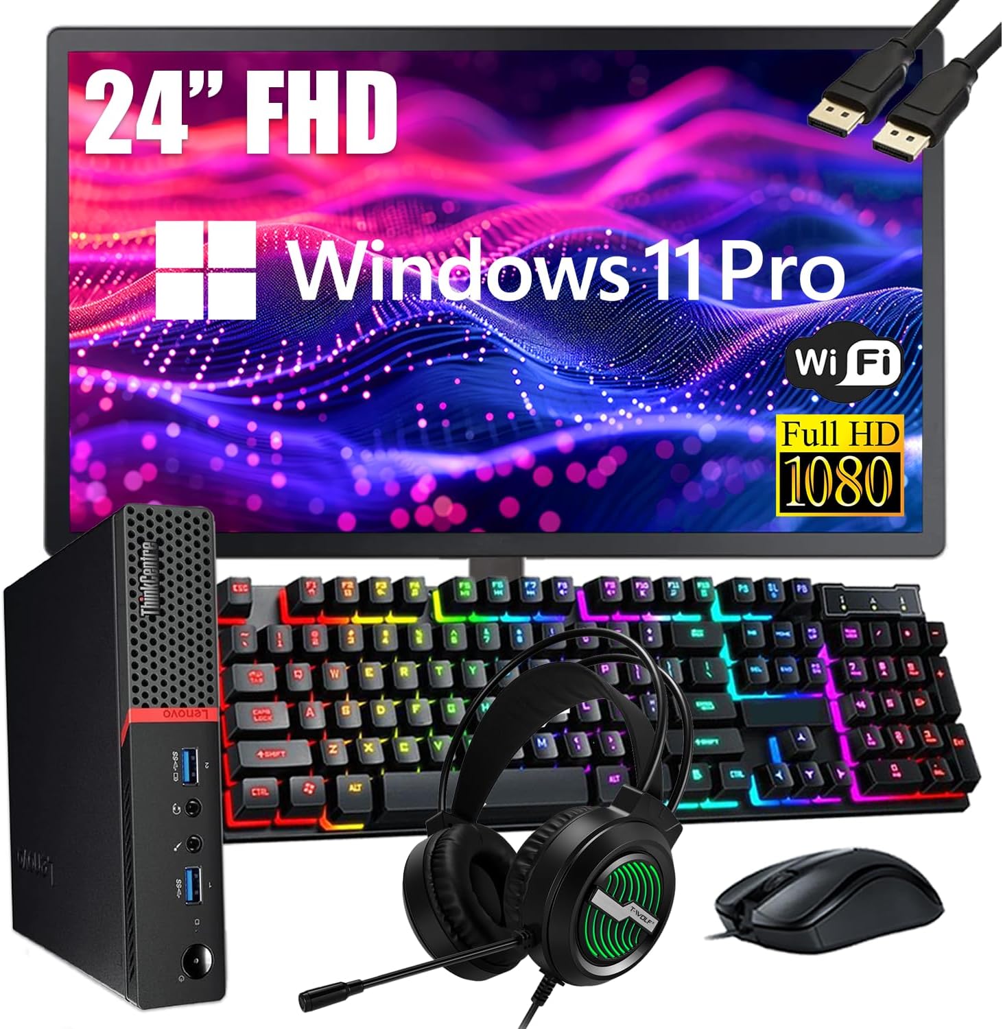 Lenovo ThinkCentre M700 Tiny Desktop PC with 24" FHD Monitor  Intel Quad Core i5-6500  16GB DDR4 RAM 256GB SSD  2 DisplayPort  Keyboard & Mouse  WiFi  Windows 11 Pro (Renewed)