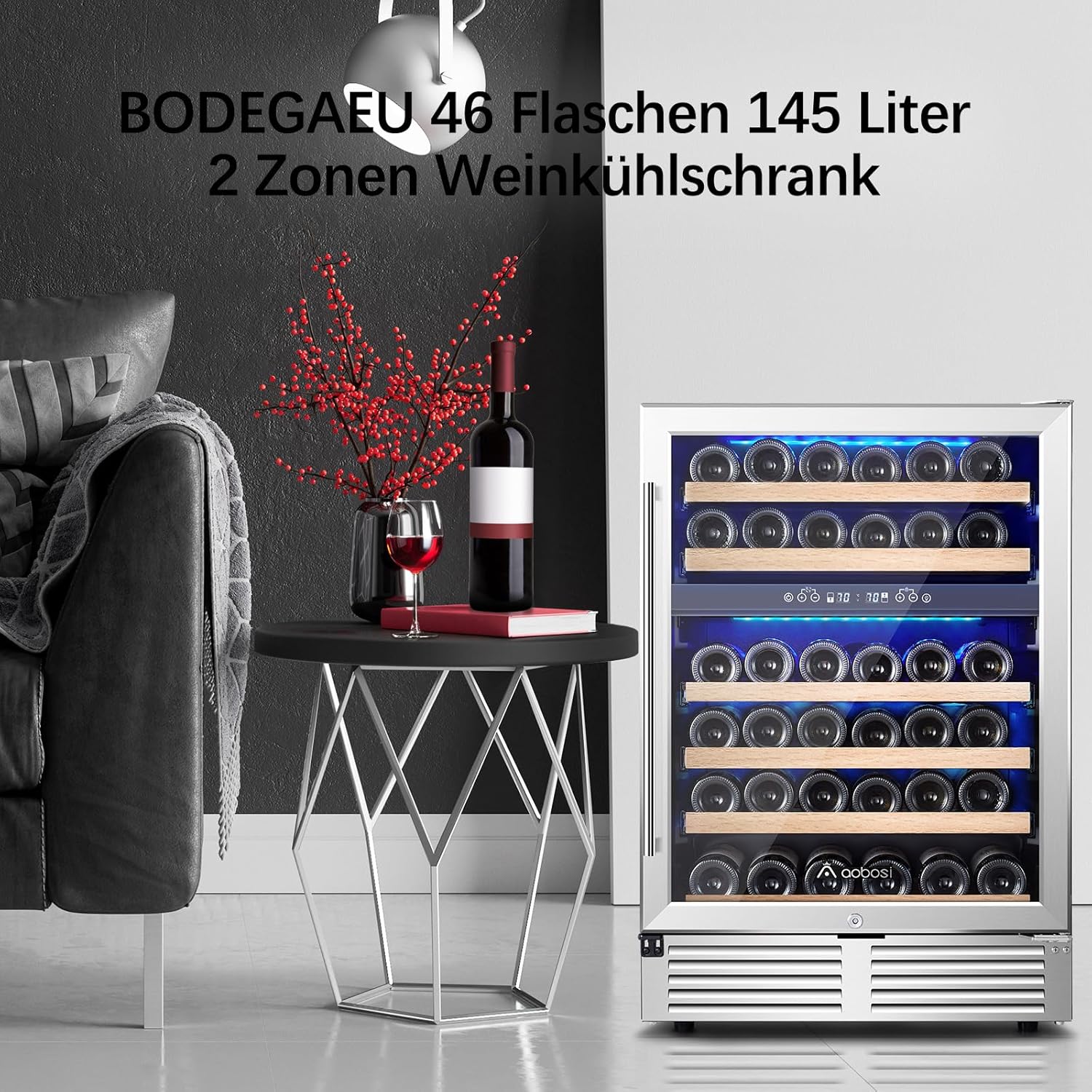AAOBOSI 24 Inch Wine Cooler,46 Bottle -Dual Zone Built-in or Freestanding with Blue LED Light and Adjustable Shelves for Home,Kitchen or Office.