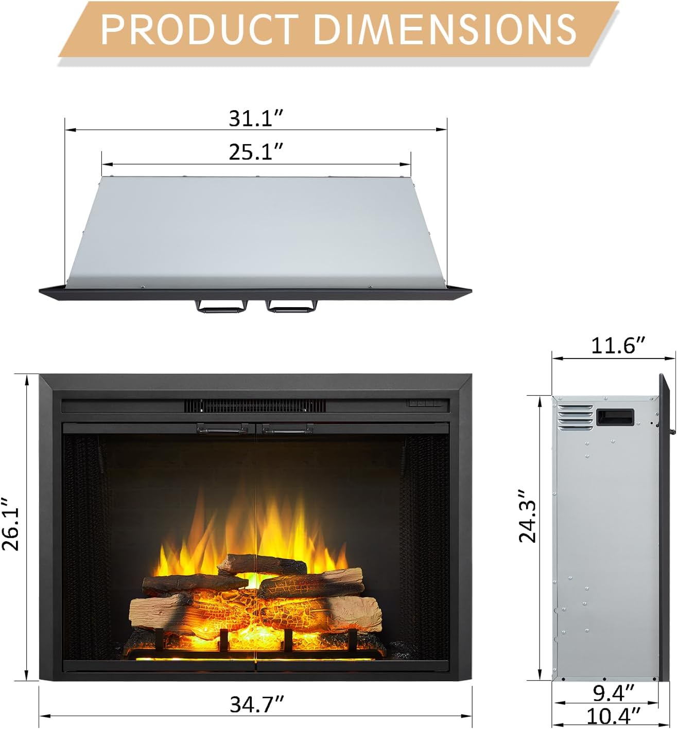 LegendFlame® Damon 35" W Electric Fireplace Insert with Glass Door and Mesh Screen (EF264B), Fireplace Heater 750/1500W, Fire Crackling Sound, Remote Control.