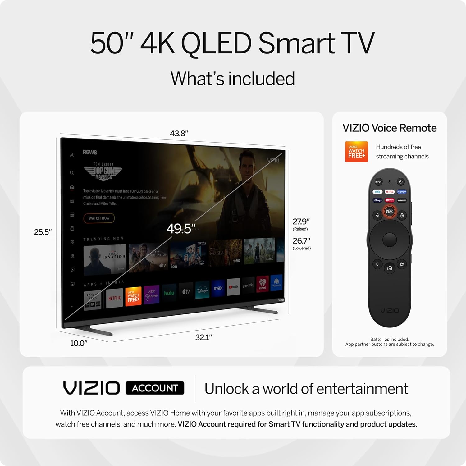 VIZIO 50-inch Quantum Pro 4K 120Hz QLED HDR10+ Smart TV with Dolby Vision  Active Full Array  240Hz @ 1080p PC Gaming  WiFi 6E  Apple AirPlay  Chromecast Built-in  M50QXM-K01  2023 Model