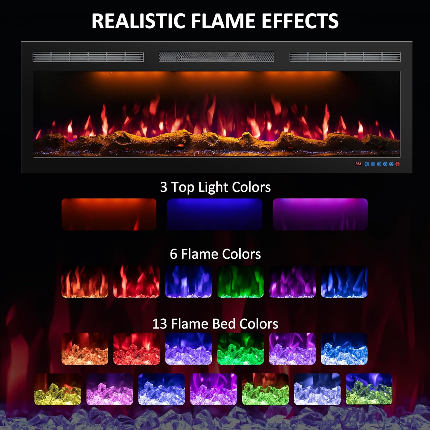 60 Inch WiFi Electric Fireplace Heater, Recessed or Wall Mounted, Ultra‑Slim 5.51" Deep, 750/1500W, 12 Flame Colors & 12 Ember Bed Colors,Remote & App Control, Works with Alexa & Google Home