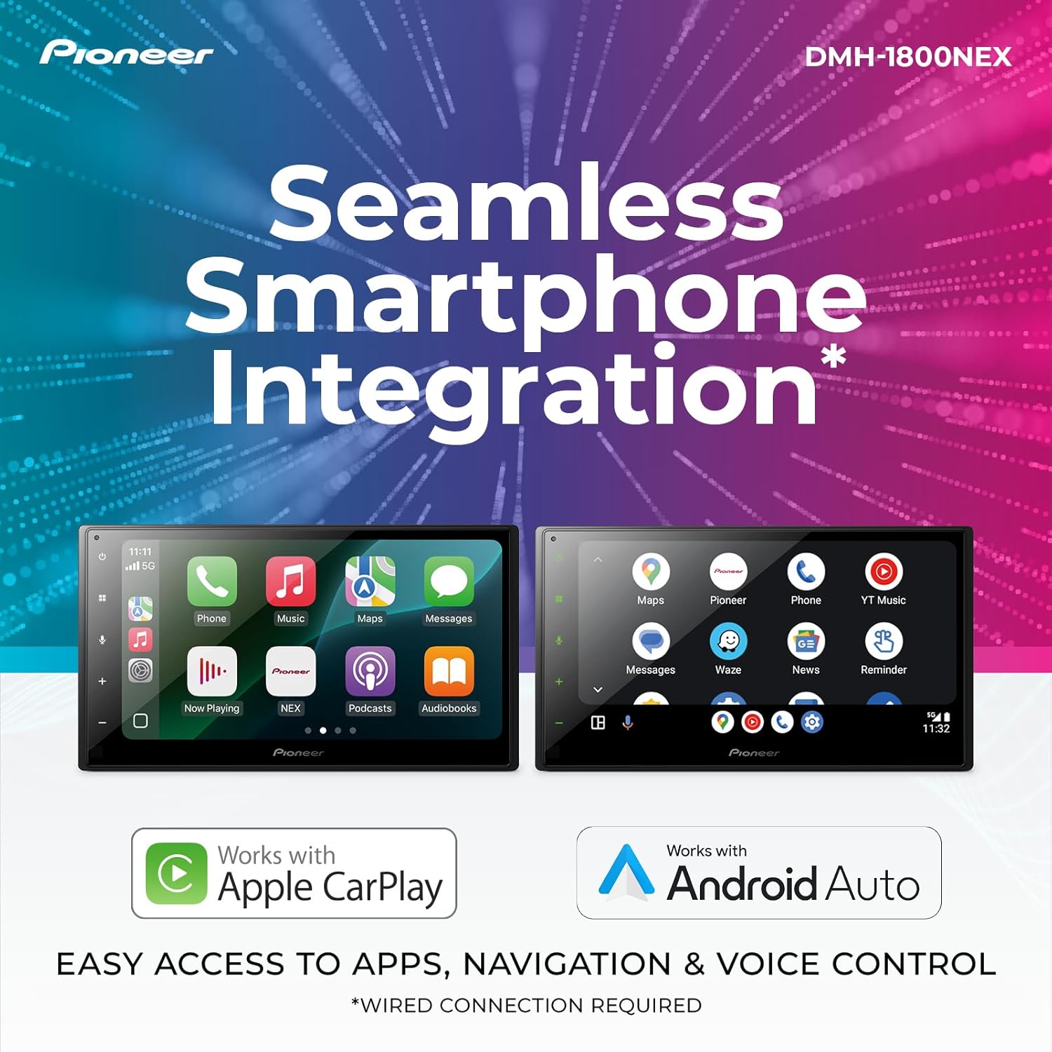 Pioneer DMH-1800NEX 6.8" Double-Din Digital Multimedia Receiver - Built in Bluetooth  Wired Apple CarPlay and Android Auto  Touchscreen  Rear Camera Input