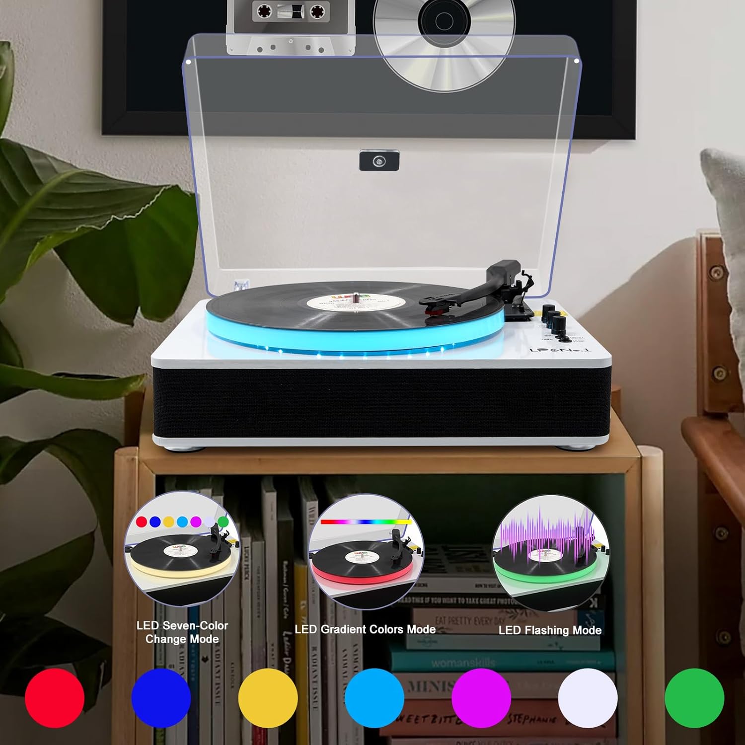 LP&No.1 Record Player with Built-in Stereo Speakers  LED Control  3-Speed Belt-Drive Vinyl Turntable with USB Playback & Recording  Wireless BT Input & Output  Auto Stop  Pitch Control | White Pearl