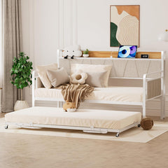 Twin Daybed with Trundle, Modern Twin Size Sofa Day Bed, Sturdy Metal Bed Frame with Upholstered Headboard for Living Room, Bedroom, Studio Apartment (White)