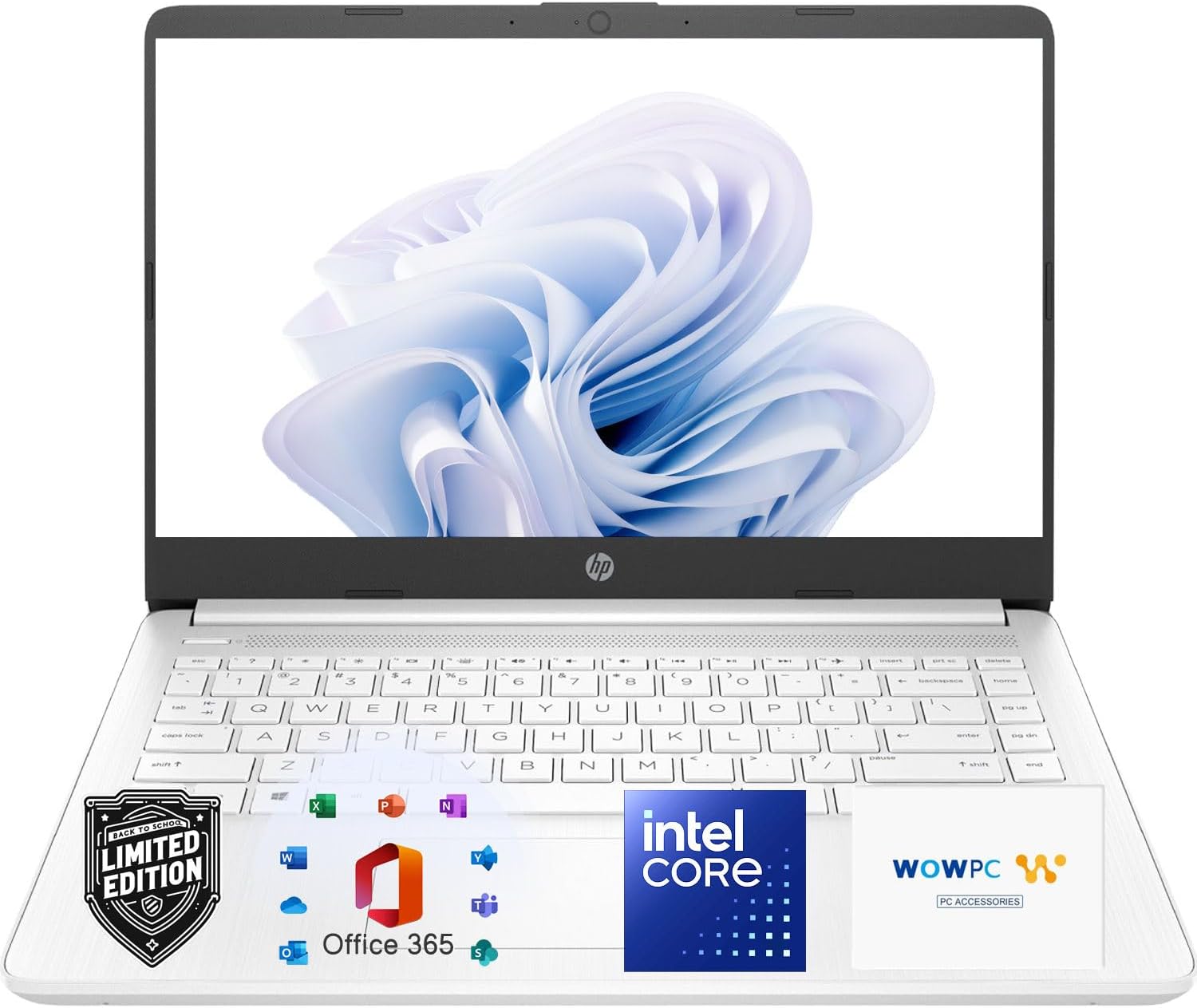 HP 14" Laptop  Intel Dual-Core CPU  8GB RAM  256GB SSD  Soft White Finish  HD Display  Windows 11  Microsoft 365 Web Apps with 1TB OneDrive