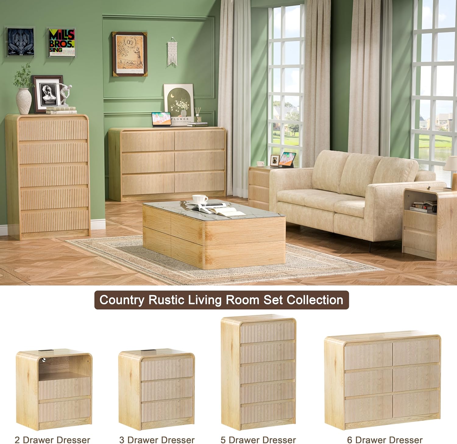 6 Drawer Dresser for Bedroom, Natural Wood Chest of Drawers Wide Versatile Storage Organizer with Fluted Panel for Living Room, Office, hallways, Kitchen Natural 6 Drawer