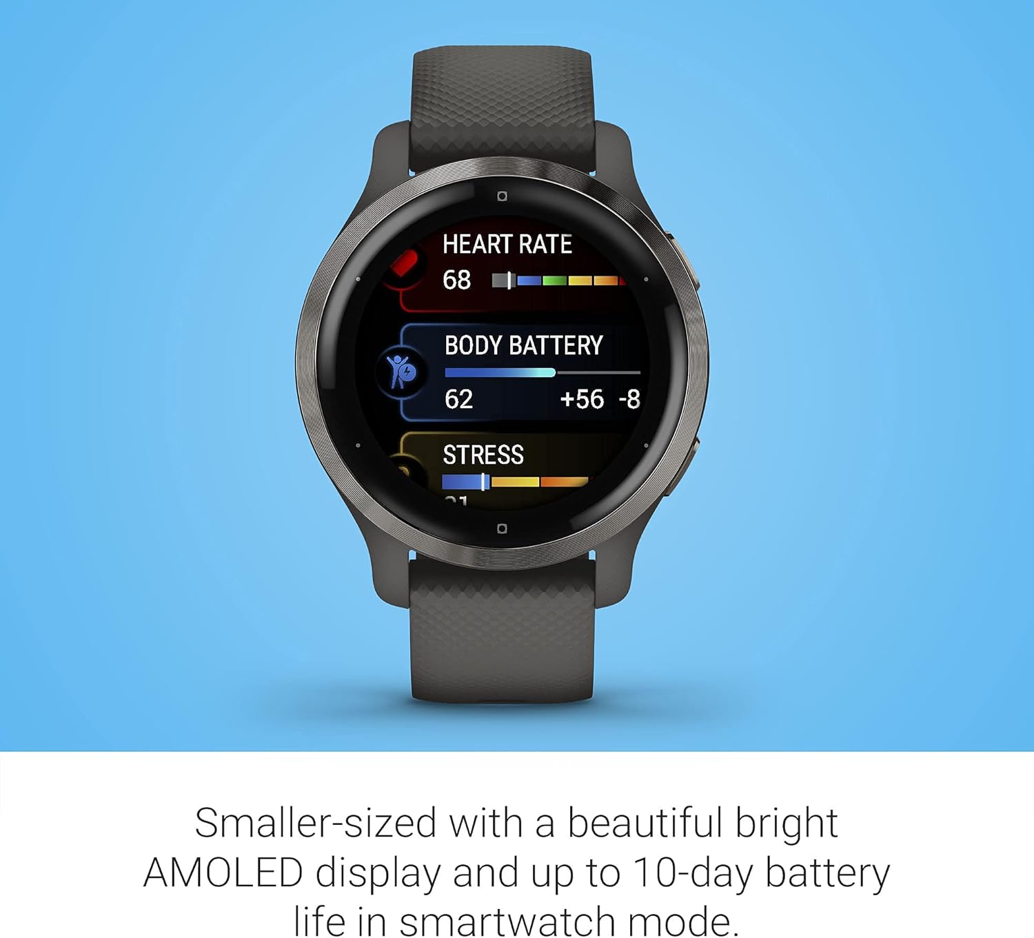 Garmin Venu 2S  Smaller-Sized GPS Smartwatch with Advanced Health Monitoring and Fitness Features  Slate Bezel with Graphite Case and Silicone Band  (010-02429-00) (Renewed)