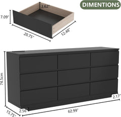 9 Drawer Dresser with Power Outlet, Floating White Dresser Chest of Drawer with LED Light,Modern Double Wide Drawer Organizer Cabinet for Bedroom,Living Room (9 Drawer-Black)