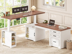SEDETA Farmhouse L Shaped Electric Standing Desk, 63" x 67" Height Adjustable Home Office Executive Desk with Drawers and Shelves, Standing Computer Desks with Power Outlet for Home Office, White