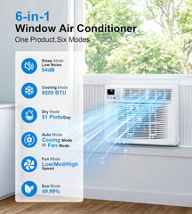 AKIRES Window Air Conditioner, 8,000BTU Air Conditioner Window Unit, Cools up to 350 Sq. Ft, Window AC with Cool, Fan, Dry, Sleep, Energy Saver, and Auto,6 Modes,24H Timer,Easy Install,Home,Office