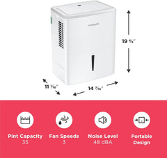 Frigidaire 35-Pint Portable Dehumidifier with Wi-Fi and Energy Star Certification for Small/Medium/Large Rooms & Basements, Custom Humidity Control, Auto Shut Off, White