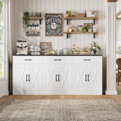 HOSTACK 71" Large Sideboard Buffet Cabinet with Storage, Farmhouse Coffee Bar Cabinet with 3 Drawers, Long Kitchen Buffet Table, Kitchen Sideboard Storage Cabinet for Dining, Living Room, White/Black