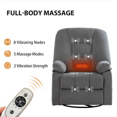 Power Swivel Rocker Recliner with Massage and Heat, USB and Type-C Port, Infinite Position, Electric Glider Rocking Chairs Living Room, Soft Fabric Reclining Sofa Chair (Velvet Grey)