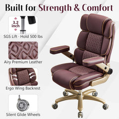 Heavy Duty Executive Leather Chair, Big and Tall Office Chair 500lbs with 5D Flip-up Armrests, Comfortable Seat, Adjustable Lumbar, High Back, Large Computer Desk Chair for Home Office, Brown