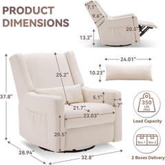 Tbfit 360° Swivel Recliner Chair,Nursery Rocking Chair with Lumbar Support for Bedroom, Comfy Upholstered Armchair with Pillows & Footrest for Living Room (Hidden Ring Handle, Beige)