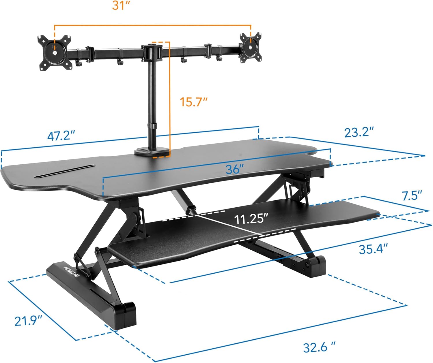 Mount-It! Electric Standing Desk Converter with Dual Monitor Arm, Stand Up Desk Riser X-Large 47.2" Wide, Electric Desk Riser with Mount for 2 Screens (Max 32"), Desktop with Keyboard Tray, USB, Black