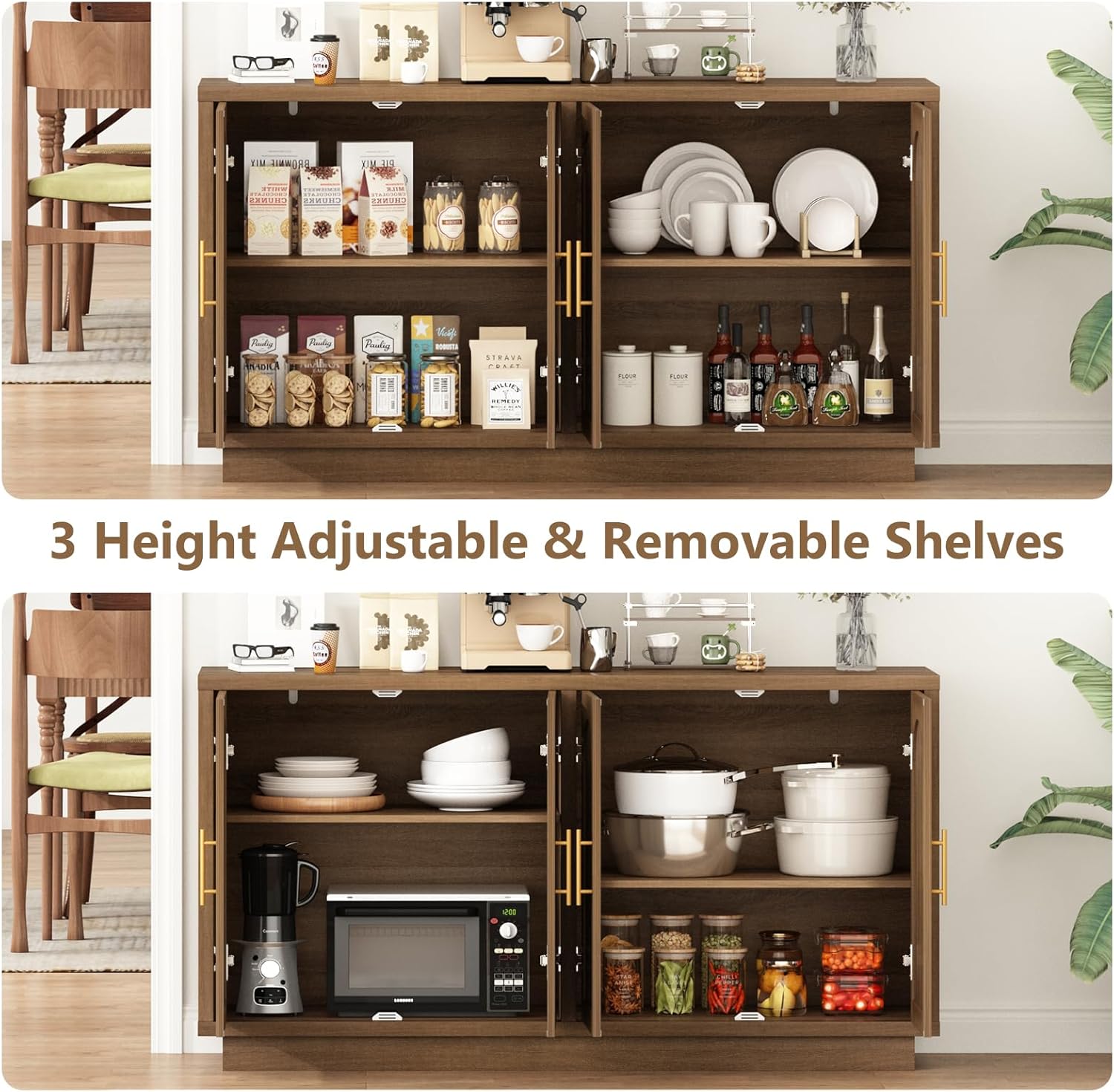 59-Inch Rattan Sideboard Buffet Cabinet, Farmhouse Storage Cabinets with Adjustable Shelves & 4 Arched Doors, Boho Credenza Coffee Bar Cabinet for Kitchen, Living Room, Entryway