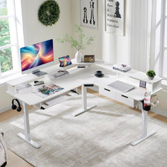 RedLemon Electric L Shaped Standing Desk, 60" Motor Height Adjustable Sit Stand Corner Desk with Led, Large Home Office Desk Computer Workstation, Antique White