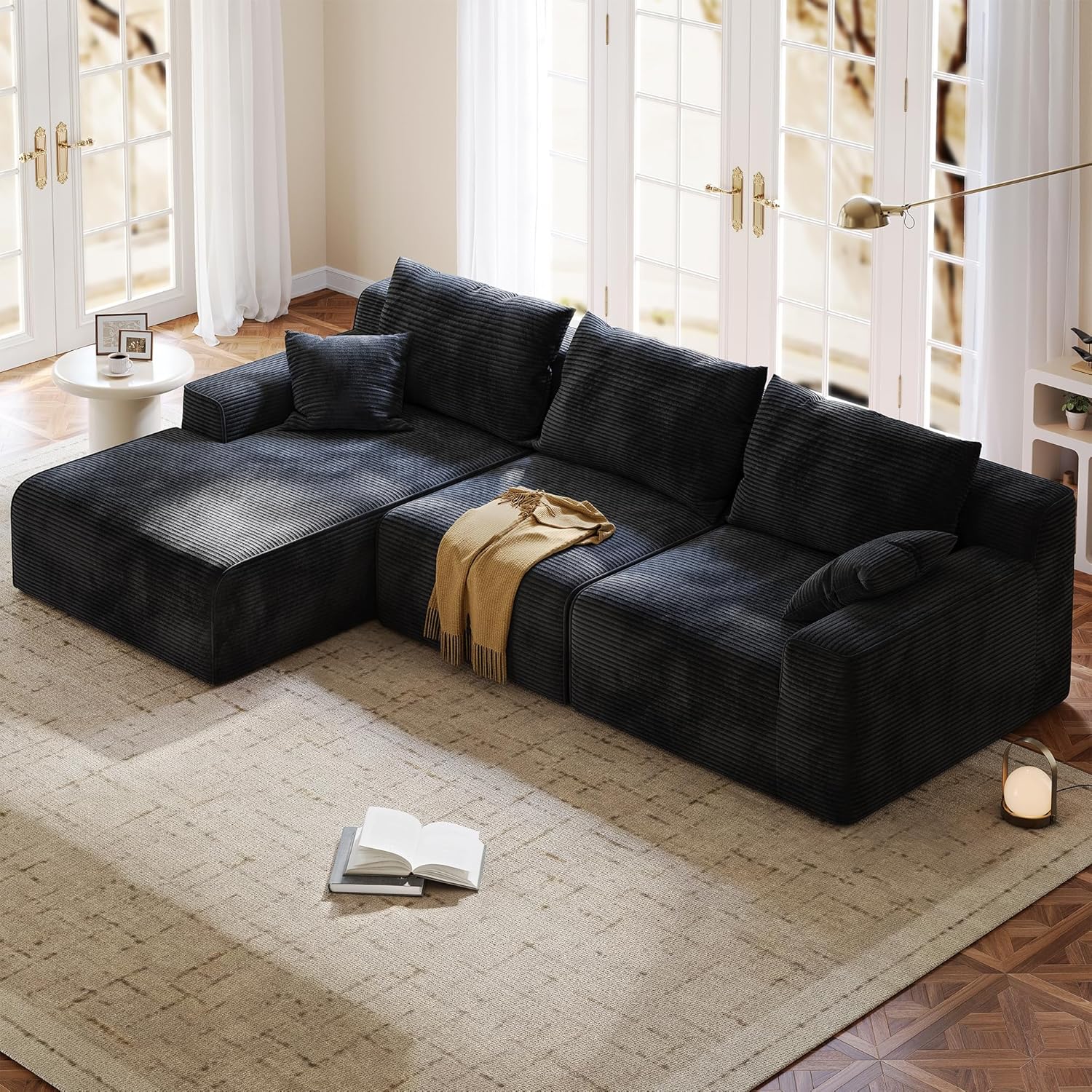 97" L-Shaped Cloud Boneless Couch with Deep Seat, Modular Sectional Sofa with Chaise, Flexible Module Combination for Living Room, Bedroom, No Assembly (Black, Left Facing Chaise)