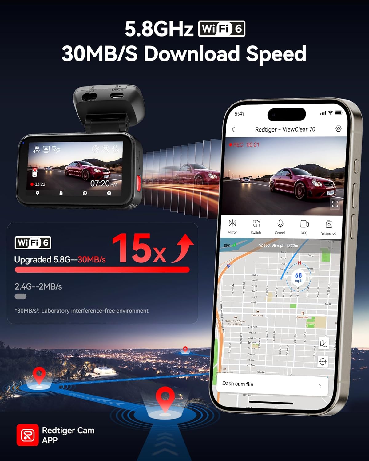 REDTIGER ViewClear 70 4K+2.5K Dash Cam Front and Rear  8MP STARVIS 2 IMX678 x Noctura™ Sensor  Dual HDR Hyper Night Clarity  5.8GHz WiFi 6  30MB/S Fast Download  Dash Camera with 24H Parking Monitor