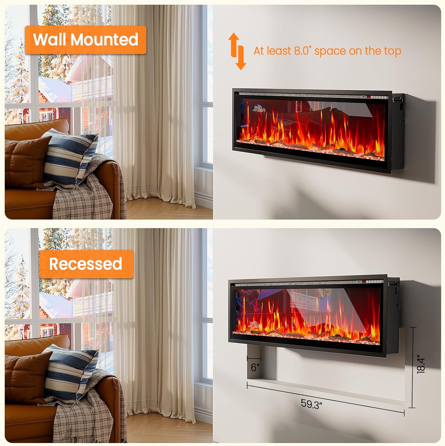 60” Smart Electric Fireplace with Voice Control, Realistic Flame, Crackling Sound, Wall Mounted or Recessed Fireplace Insert, App/Remote Control, Logs & Crystals Included for Living Room, Bedroom
