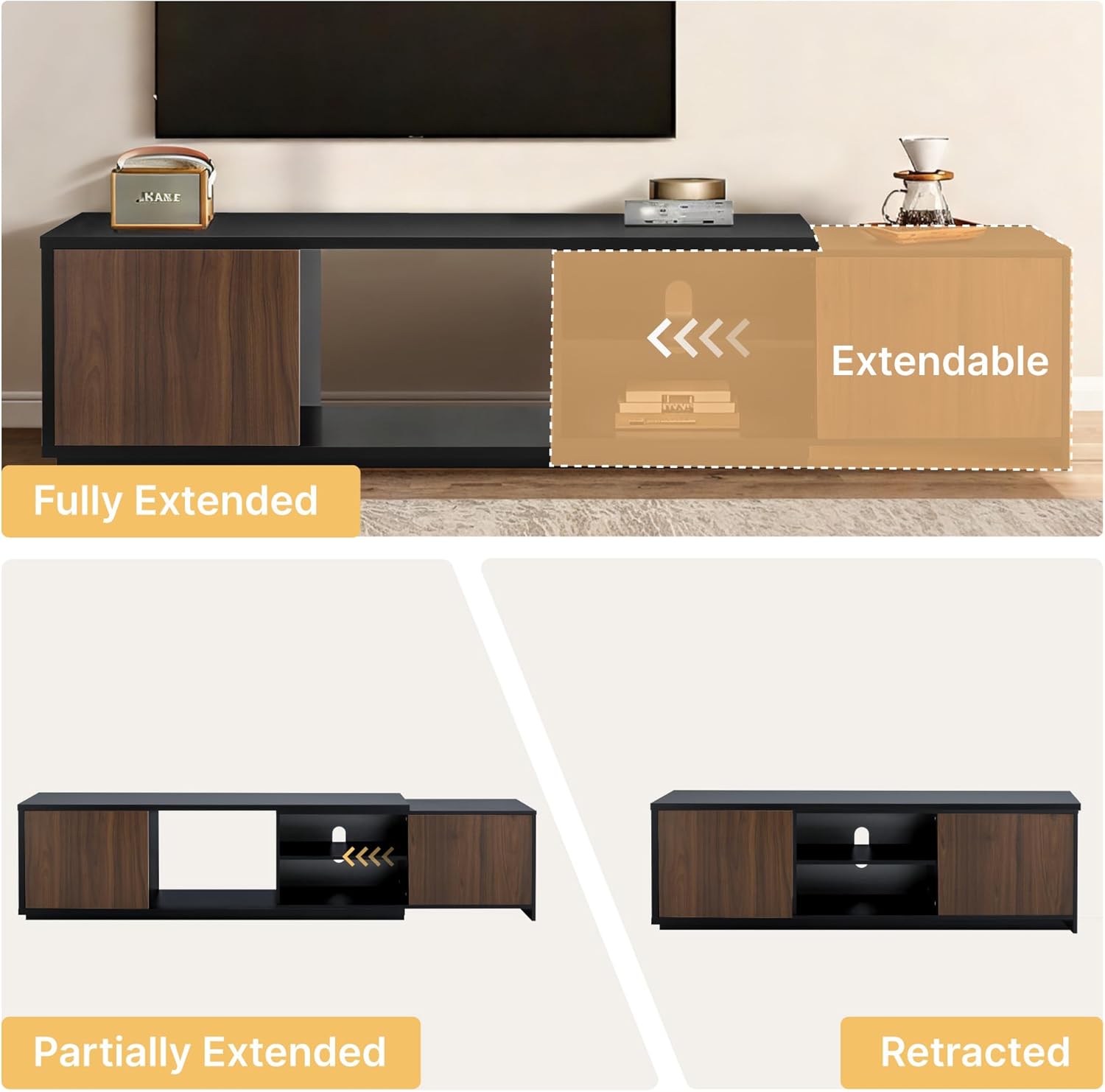Extendable TV Stand for TVs up to 90",Modern Entertainment Center with Adjustable Shelf,Television Stand with 2 Storage Cabinets,Wooden TV Media Console for Living Room Bedroom Black