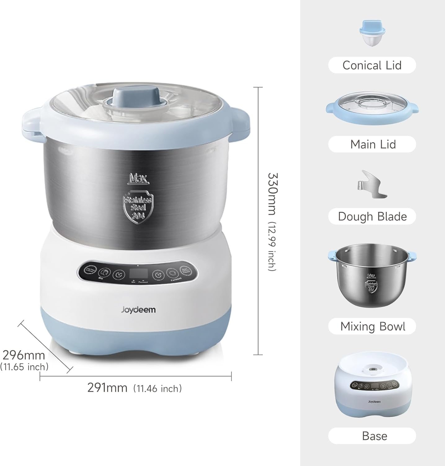 Joydeem Electric Dough Maker with Ferment Function, Microcomputer Timing, Face-up Touch Panel, 7.4Qt, 304 Stainless Steel, JD-HMJ7L