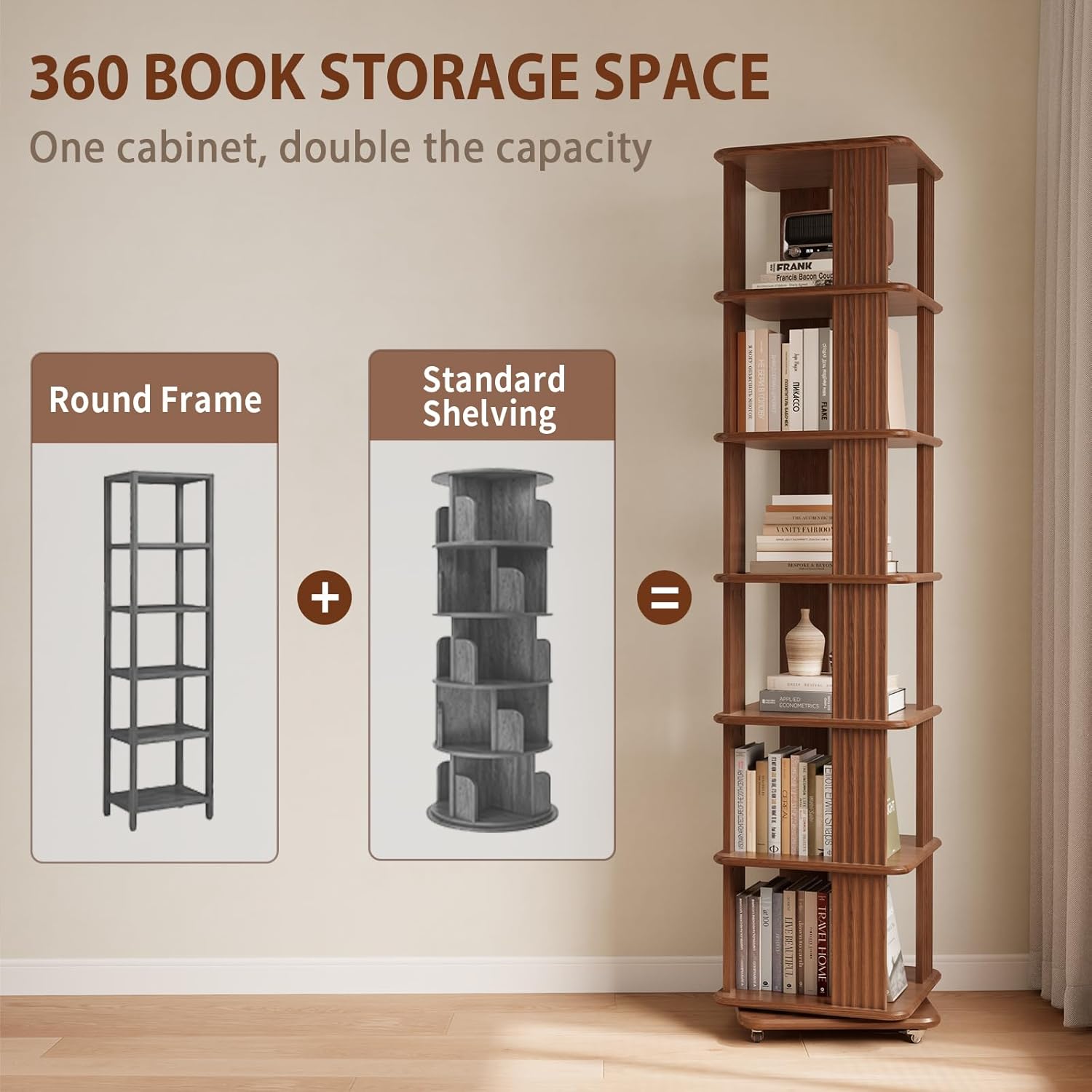 Solid Wood Rotating Bookshelf, 6-Tier Rolling Bookcase，360 Degree Revolving Bookshelf，Spinning Bookshelf Tower for Small Spaces, Bedroom，Office，Living Room，Classroom (Walnut)