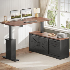 SEDETA Farmhouse L Shaped Standing Desk, 55 inch Height Adjustable Corner Desk with Storage Drawers, Standing Computer Desks with Power Outlets for Home Office, Black