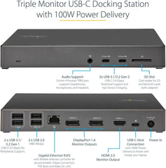 StarTech.com USB C Triple 4K Monitor Docking Station - 100W Power Delivery - DP 1.4 Alt Mode & DSC  2 DisplayPort/HDMI 2.0-6 USB (2 at 10Gbps)  SD - Windows/Chrome (DK31C2DHSPD) - Black & Space Gray