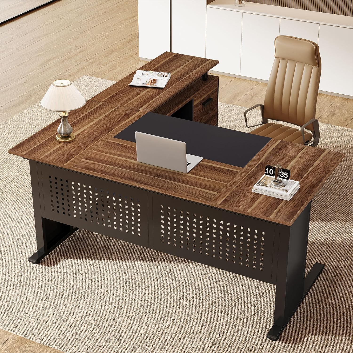 Tribesigns 63-Inch L-Shaped Executive Desk with Storage Shelves, Large Office Computer Desk with Drawers and File Cabinet, Industrial Business Workstation for Home Office, Brown and Black