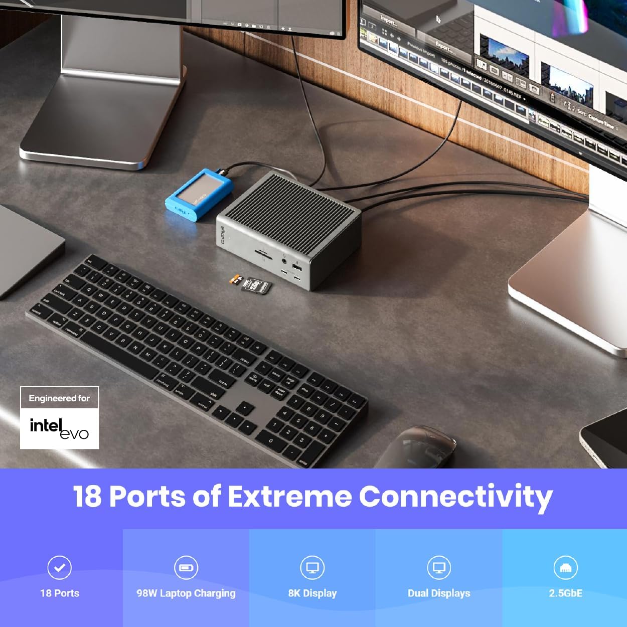 CalDigit TS4  18-in-1 Thunderbolt 4 Docking Station  98W Charging  3* TBT4 (40Gb/s)  3* USB-C + 5* USB-A (10Gb/s)  2.5GbE LAN  1*8K@30Hz or 2*6K@60Hz Displays  Mac/Windows/Chrome  0.8m Certified Cable