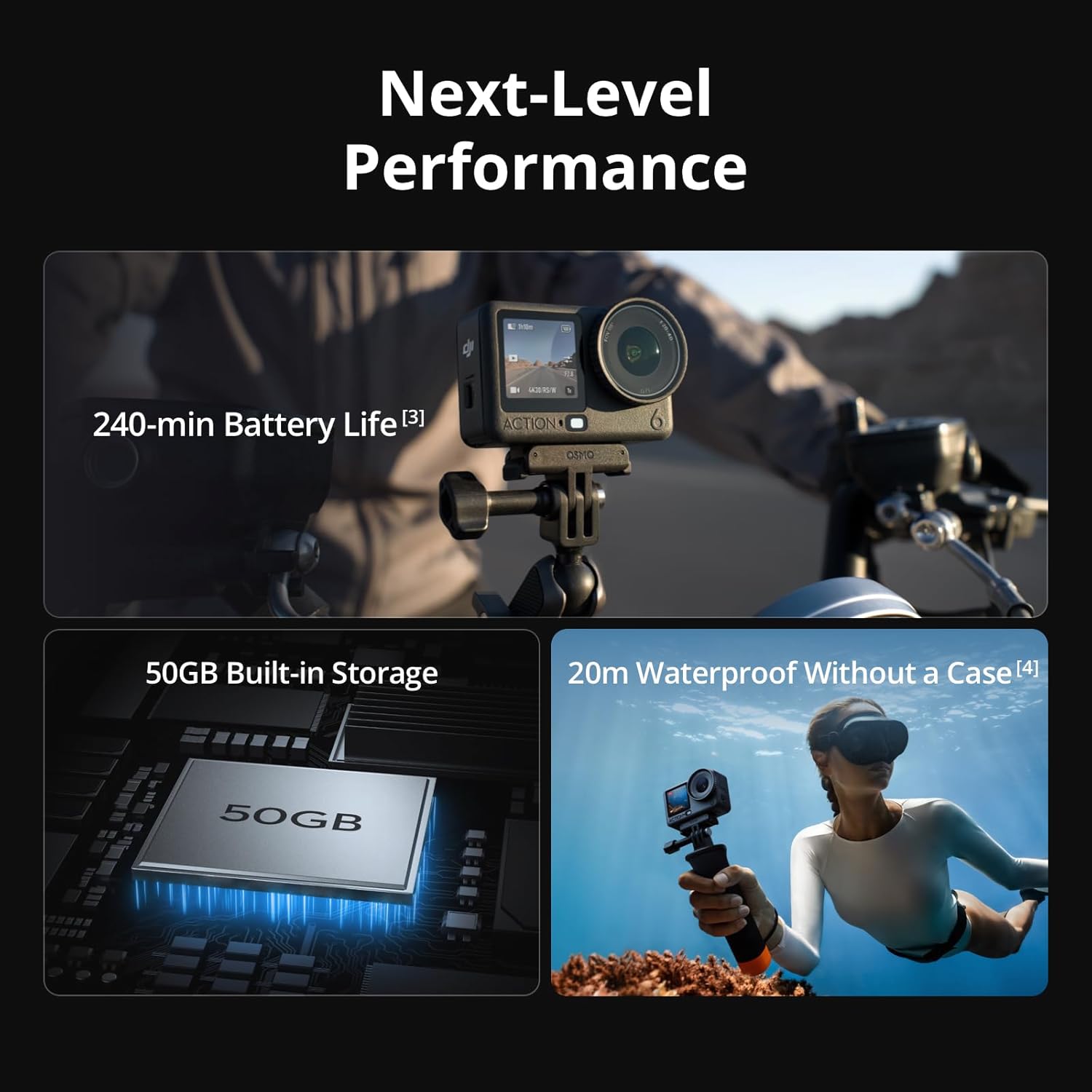 DJI Osmo Action 6 Enhanced Combo  Action Camera with 1/1.1″ Square Sensor  Variable Aperture of f/2.0–f/4.0  Extended Battery Life with 2 Batteries  Action Camera 8K for Extended Outdoor Filming