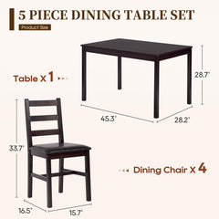 FDW | 5-Piece Solid Wood Dining Table Set for 4 | Brown | Space-Saving Design | Smooth Easy-to-Clean Surface | Pine Kitchen Table with Upholstered Chairs | for Dining Room, Apartment, Restaurant
