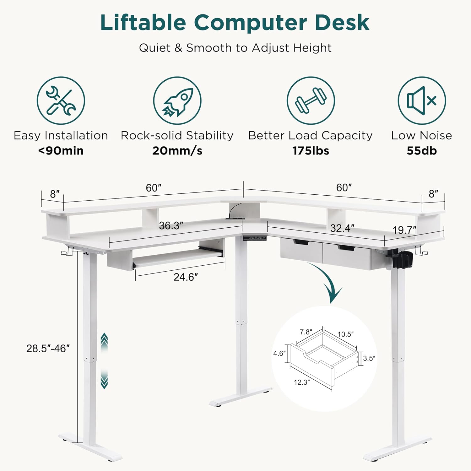 RedLemon Electric L Shaped Standing Desk, 60" Motor Height Adjustable Sit Stand Corner Desk with Led, Large Home Office Desk Computer Workstation, Antique White