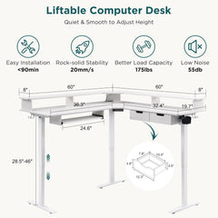 RedLemon Electric L Shaped Standing Desk, 60" Motor Height Adjustable Sit Stand Corner Desk with Led, Large Home Office Desk Computer Workstation, Antique White
