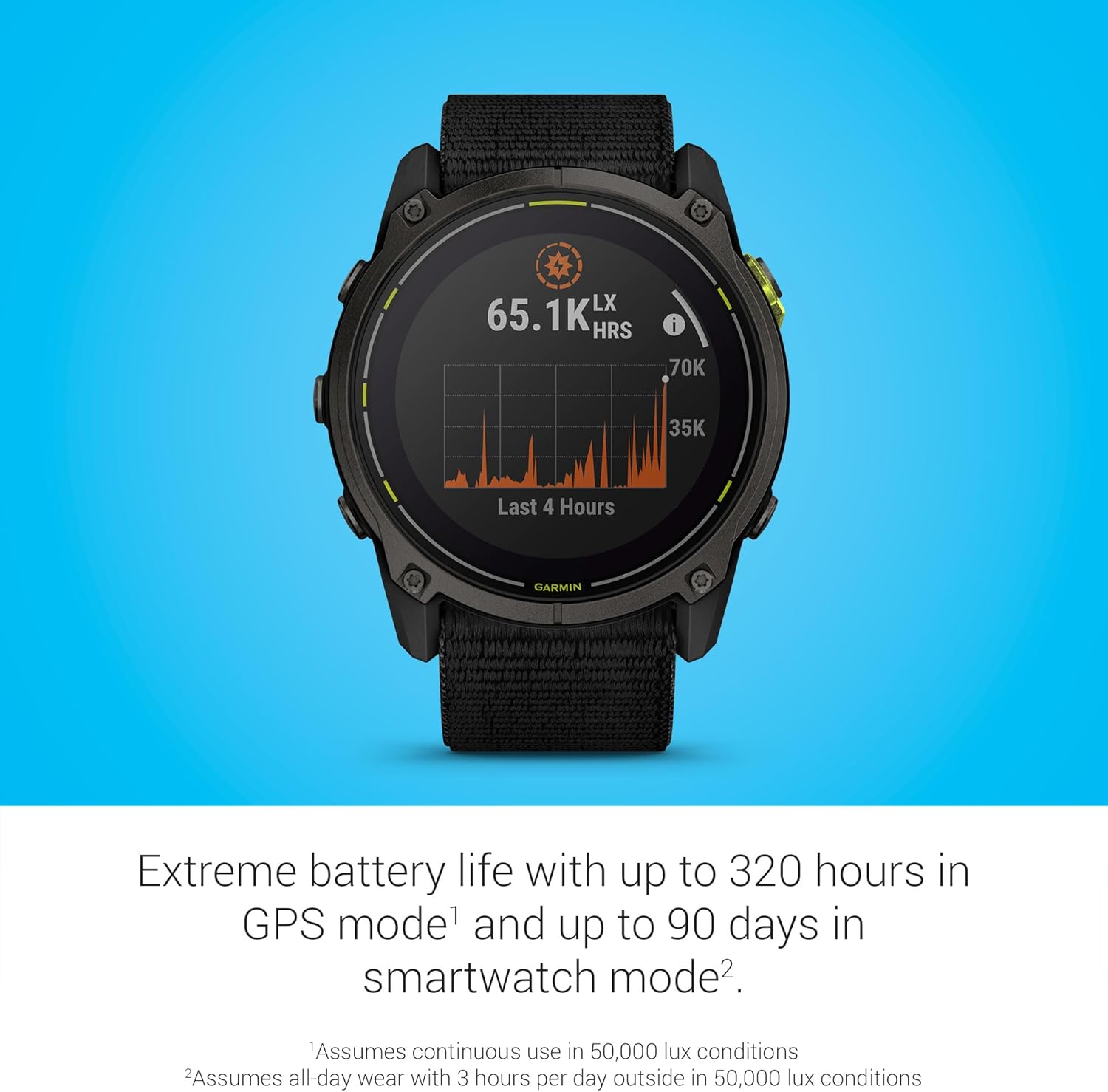 Garmin Enduro™ 3 – 51 mm  Solar  Sapphire  Ultraperformance GPS Smartwatch  Extreme Battery Life  Detailed Mapping  Built-in LED Flashlight  Carbon Gray DLC Titanium with Black UltraFit Nylon Strap