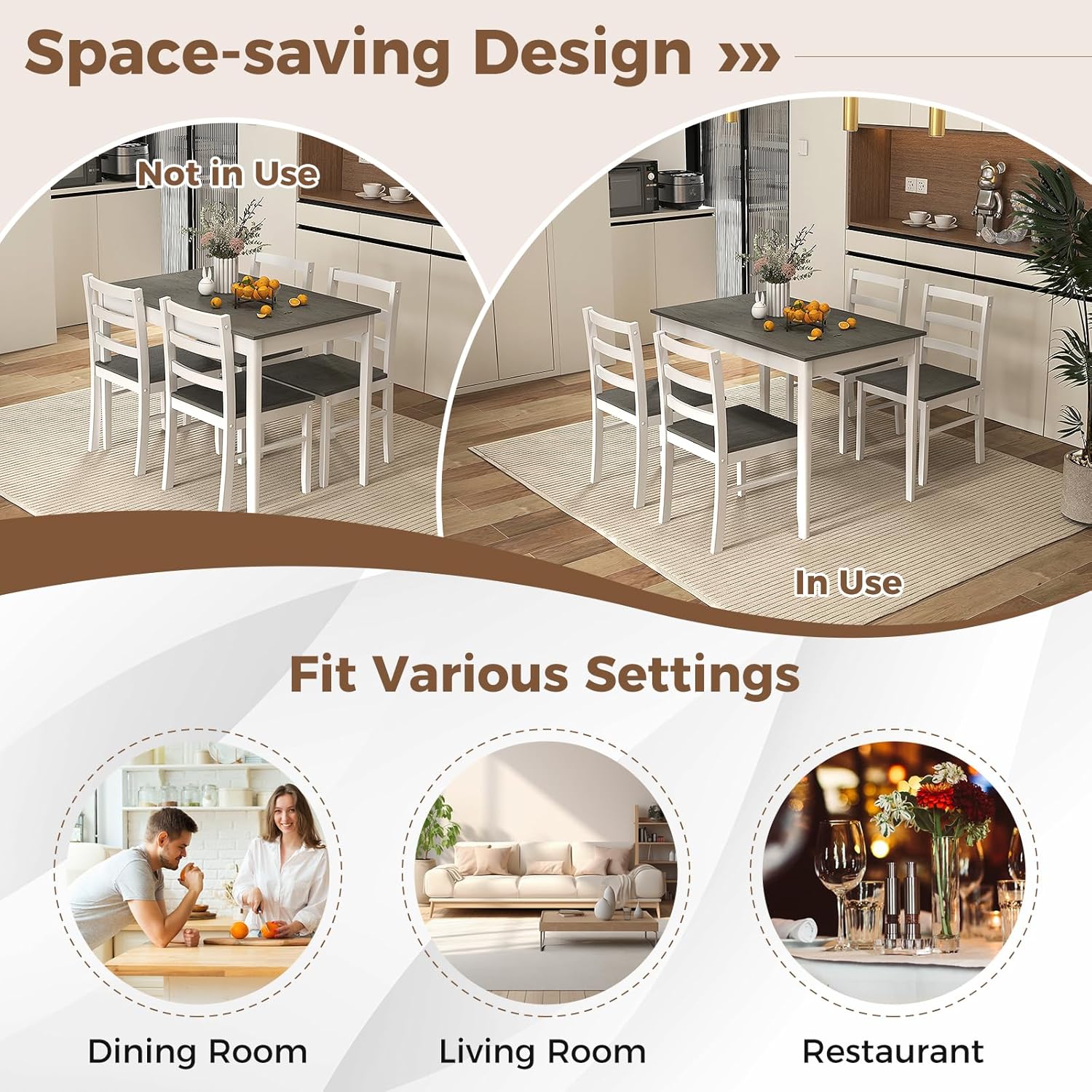 COSTWAY Dining Table Set for 4, Wood Kitchen Table Chairs Set with Rubber Wood Legs, Space-Saving Design, Modern 5-Piece Dinette Set for Small Place, Kitchen, Dining Room, Restaurant (Grey)