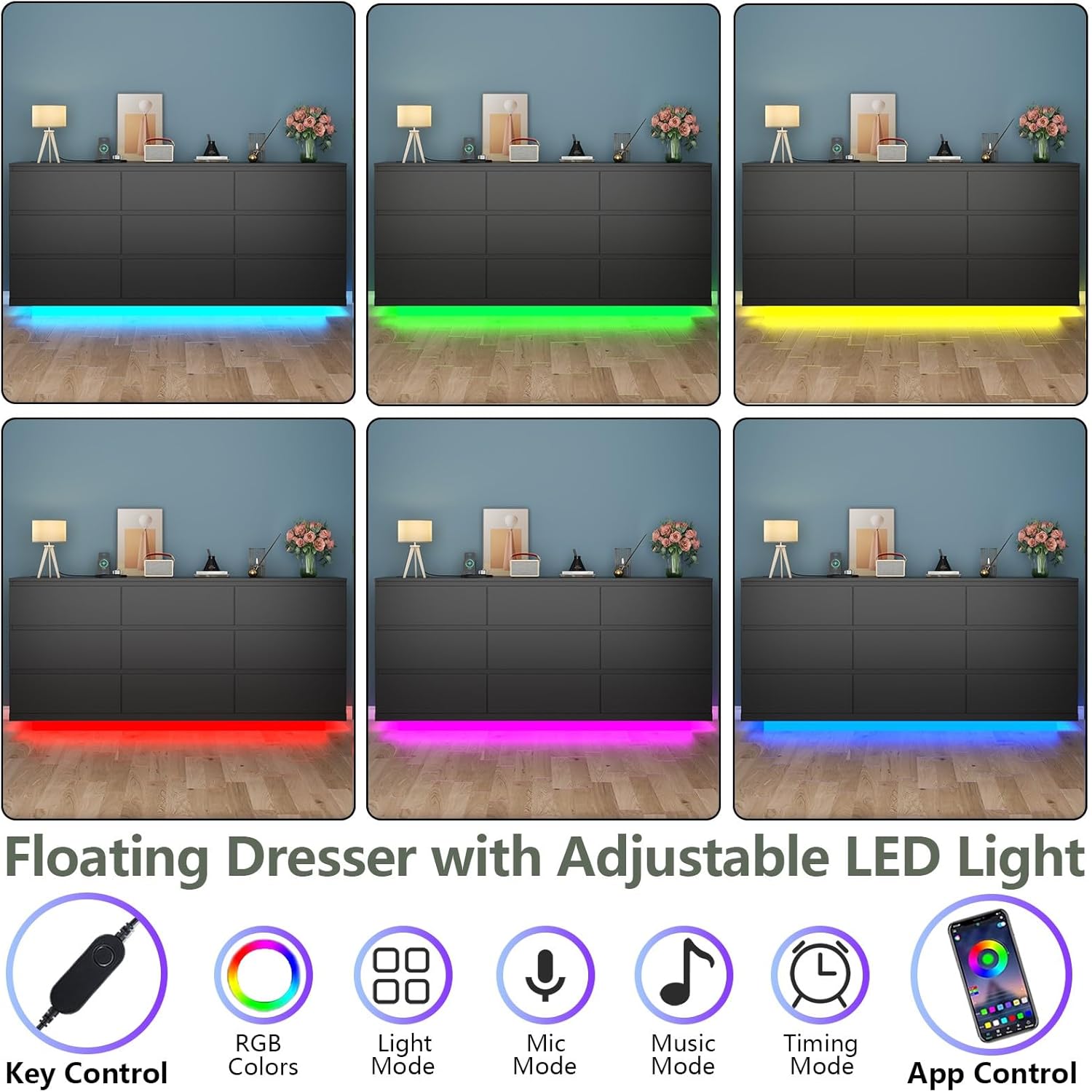 9 Drawer Dresser with Power Outlet, Floating White Dresser Chest of Drawer with LED Light,Modern Double Wide Drawer Organizer Cabinet for Bedroom,Living Room (9 Drawer-Black)